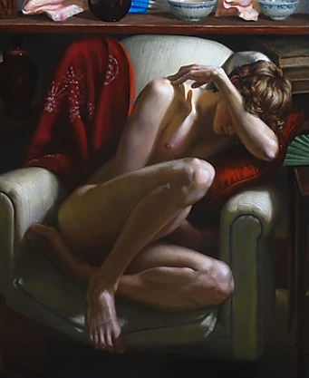 36" x 30" oil painting - Male Nude Curled in Chair by Kendric Tonn